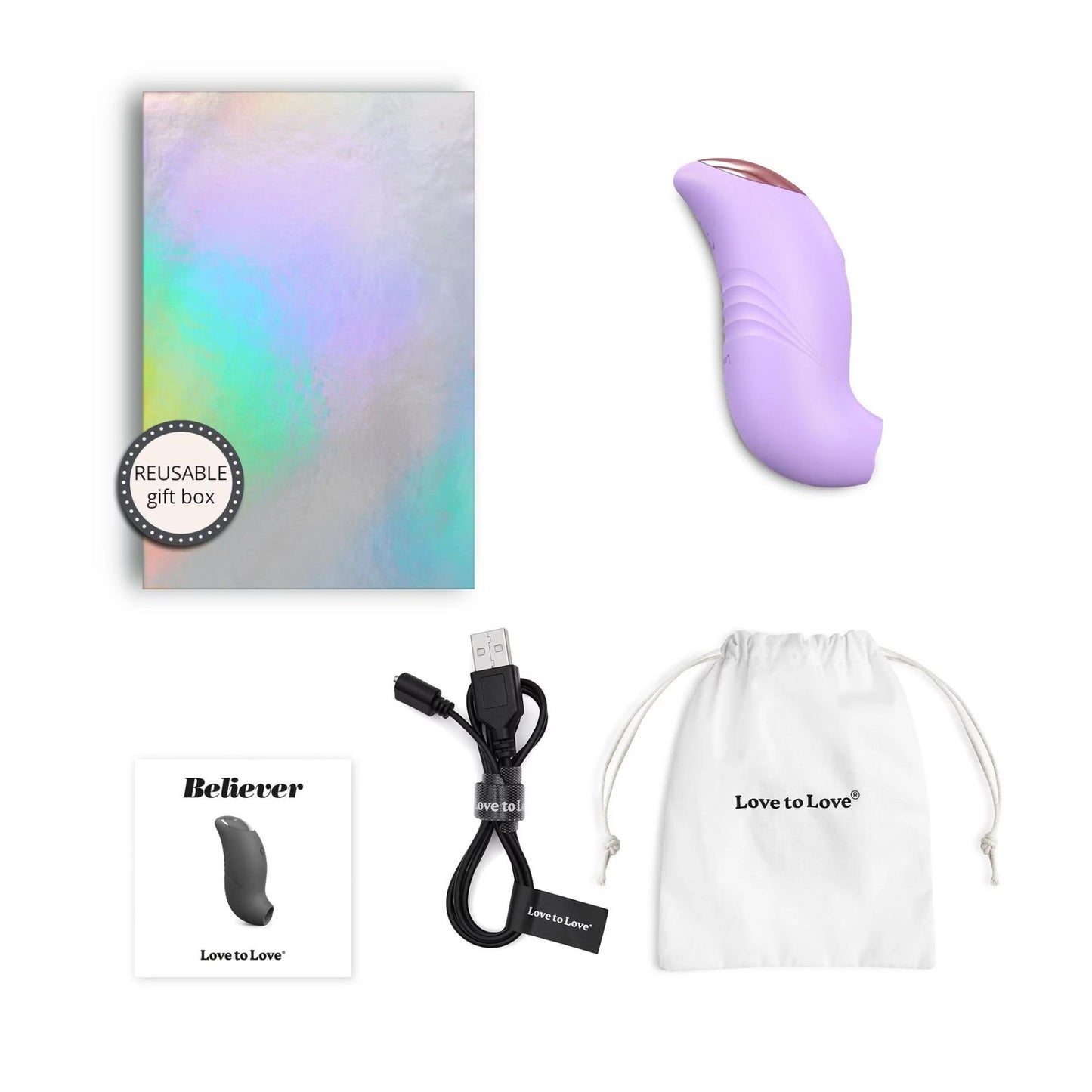 Zestaw Love to Love Believer ze stymulatorem, kablem USB, etui, instrukcją i pudełkiem