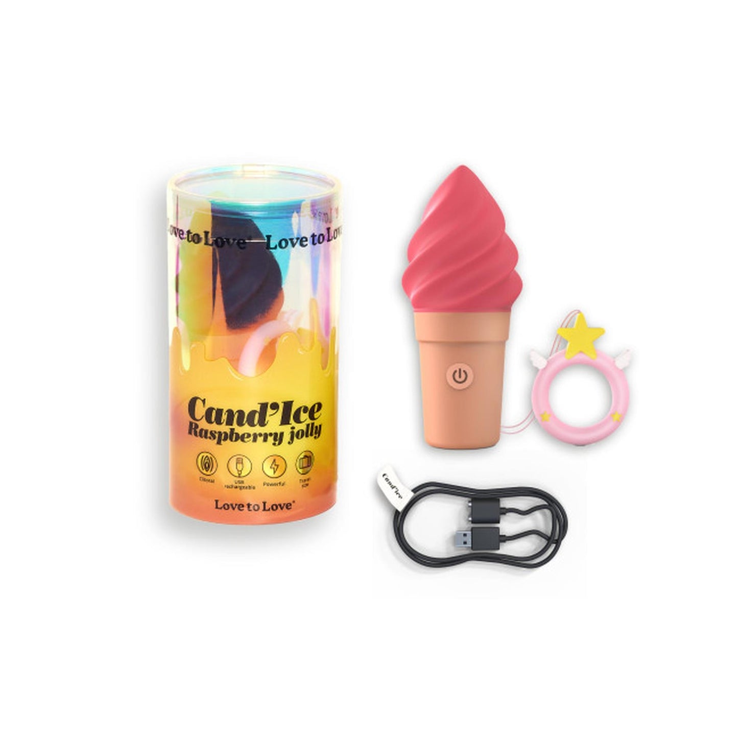 Zawartość zestawu Love to Love Cand'Ice Raspberry Jolly z kablem USB