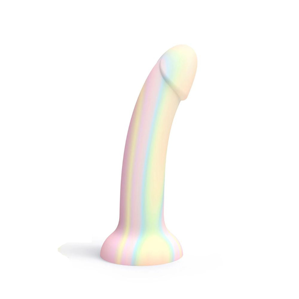 Silikonowe dildo Love to Love Dildolls Fantasia w pastelowe tęczowe paski na białym tle
