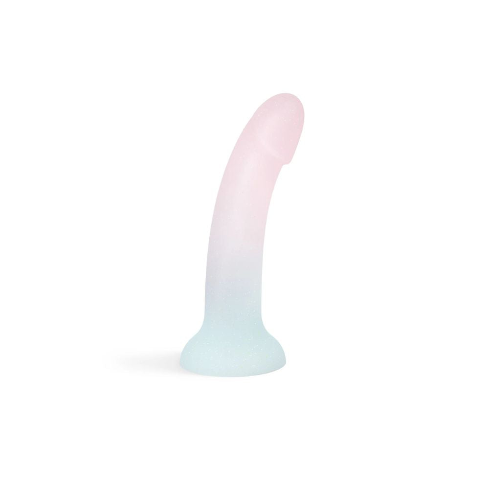 Silikonowe dildo Love to Love Dildolls Galactica w pastelowym różowo-błękitnym gradiencie na białym tle