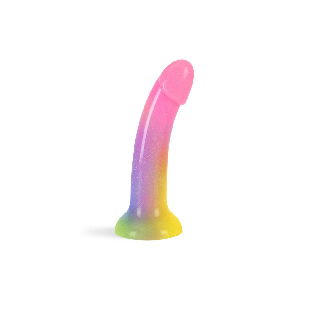 Silikonowe dildo Love to Love Dildolls Stargazer w wielokolorowym brokatowym gradiencie na białym tle