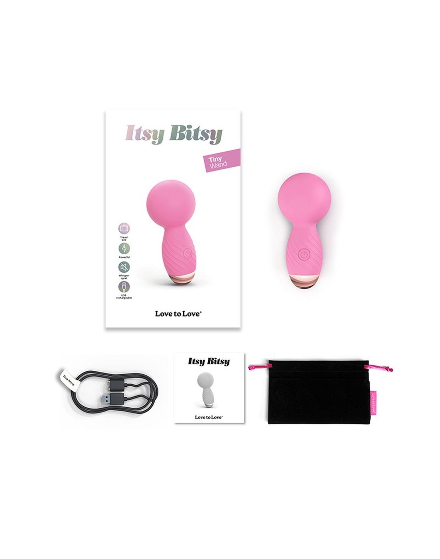 Zawartość zestawu Love to Love Itsy Bitsy Tiny Wand z etui i kablem USB