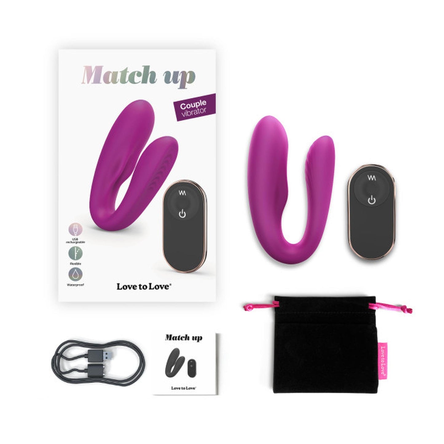 Love to Love Match Up – wibrator z pilotem, etui, przewodem USB i opakowaniem