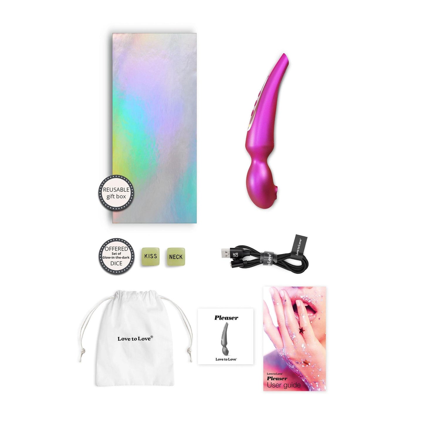 Love to Love Pleaser Berry – zawartość zestawu z etui, ładowarką USB i akcesoriami