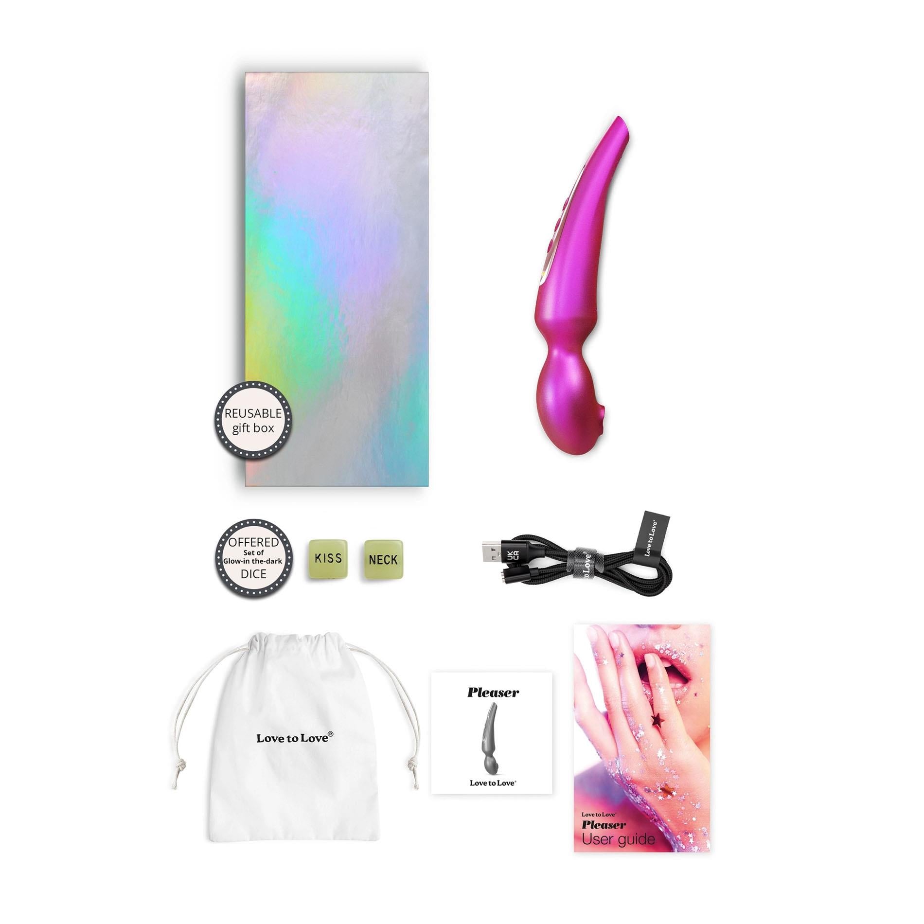 Love to Love Pleaser Berry – zawartość zestawu z etui, ładowarką USB i akcesoriami