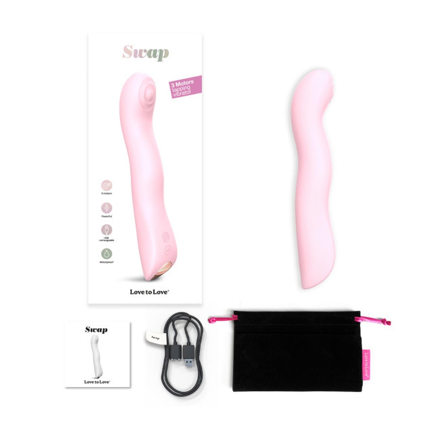 Love to Love SWAP Pink – wibrator z opakowaniem, przewodem do ładowania, etui i instrukcją